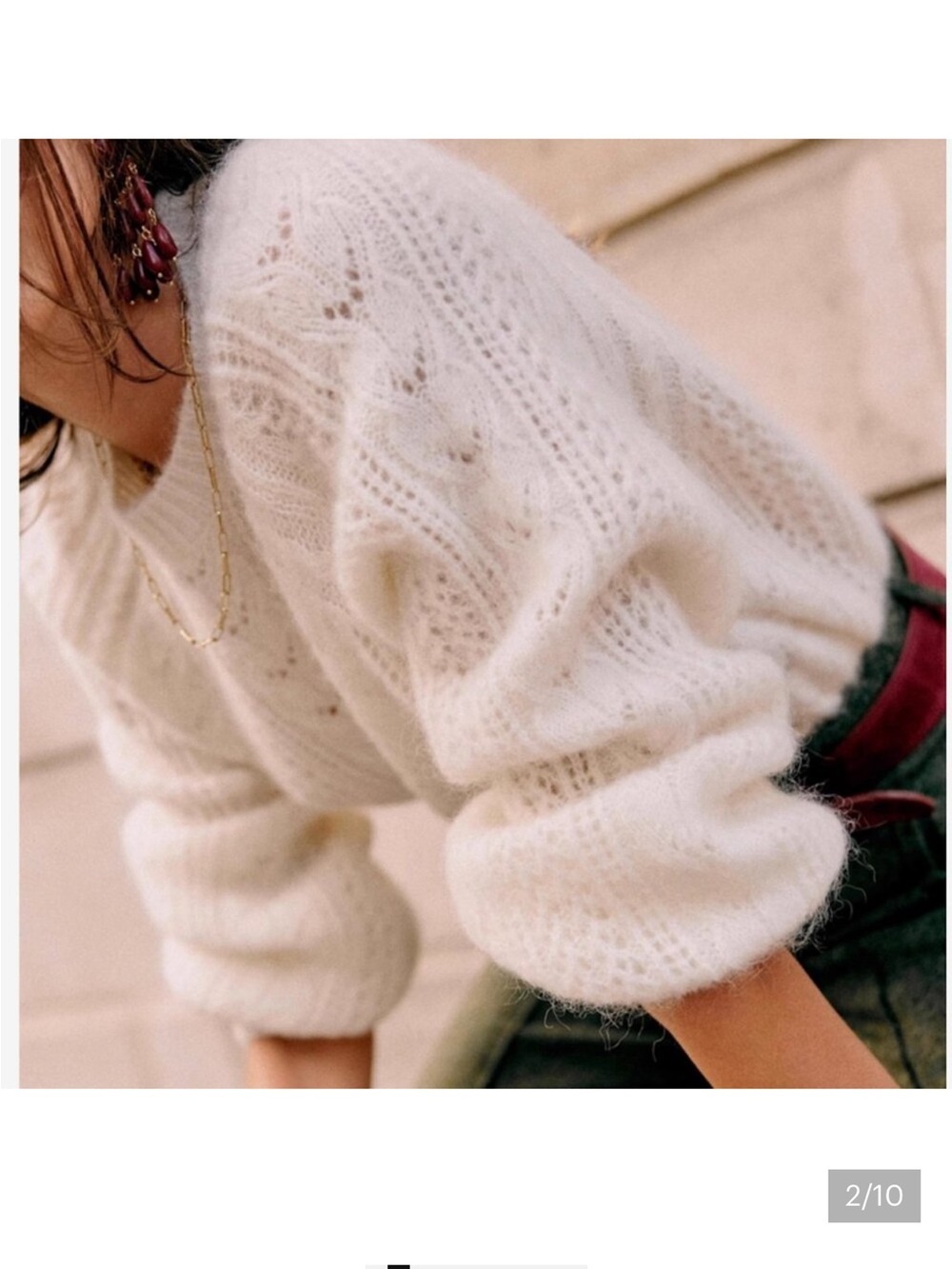 Sezane Scarlett Jumper Cream Cable-Knit Puff-Sleeve Sweater - Picture 2 of 7